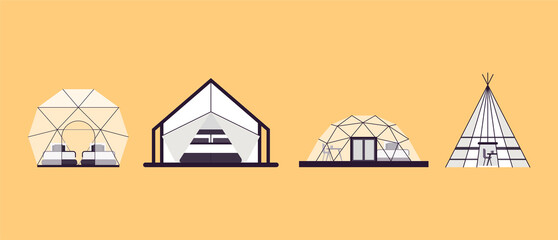 Collection of glamping houses. Summer country houses and a frame cottages, alpine chalet, camping, mountain house. Cartoon style, flat illustration. For websites, wallpapers, posters or banners