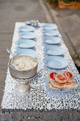 Make merit by offering food to monk in Thailand traditional wedding ceremony