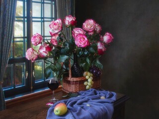 Still life with bouquet of pink roses in a basket