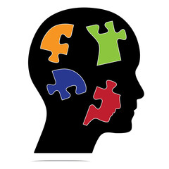 Human head with colorful head shaped puzzle pieces vector design. This illustration can be used in different business, brainstorm, human resources and pshicology design projects.