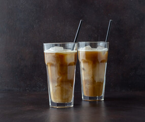 Ice coffee with cream. Cold drinks. Vegetarian food. Healthy eating.