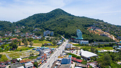 AERIAL: Kamala Phuket Thailand. Aerial view of main road on island