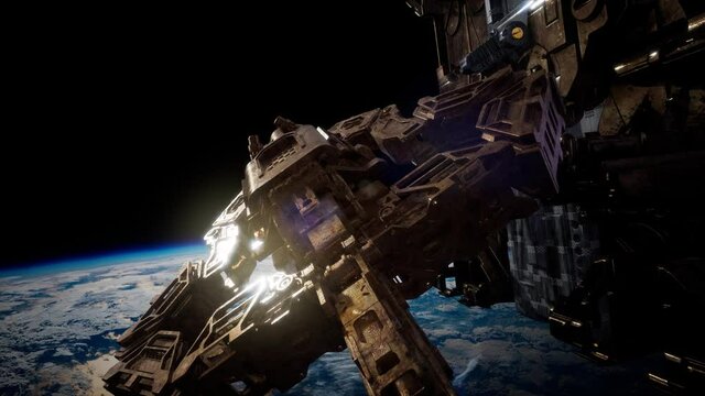flying an animated space station. 3d rendering. elements furnished by Nasa