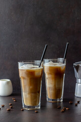 Ice coffee with cream. Cold drinks. Vegetarian food. Healthy eating.