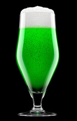 Frosty glass of draft green beer with bubble froth isolated on black background.