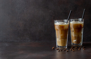 Ice coffee with cream. Cold drinks. Vegetarian food. Healthy eating.