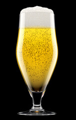 Frosty glass of fresh light beer with bubble froth isolated on black background.
