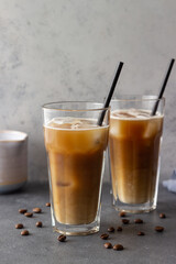 Ice coffee with cream. Cold drinks. Vegetarian food. Healthy eating.