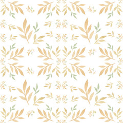 watercolor pattern with tender leaf sketches in warm tones on white background