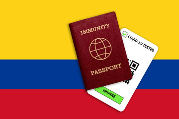Immunity passport and test result for COVID-19 on flag of Colombia
