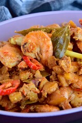 Sambal goreng kentang udang. Fried cubed potato with prawns cooked with coconut milk and spices (Indonesian food)