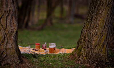 picnic in the spring season on the green grass in the flower garden. a pint of beer placed on the blanket next to a plate of pancakes with jam