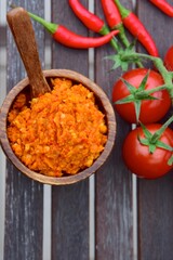 Homemade Sambal or chili sauce, Indonesian cuisine. Flat lay
