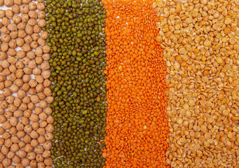 a mixture of cereals chickpeas, peas, lentils, mash, buckwheat laid out in a row on a white background close-up