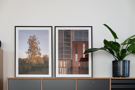 Two photo prints in black frames next to potted green plant on modern sideboard in contemporary home interior