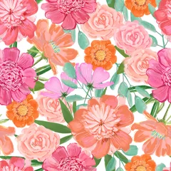 Poster Lush blooming peonies and garden flowers, bright festive summer pattern © OllyLook