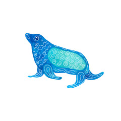 Watercolor fur seal decorated with white patterns. Blue and turquoise colors. Sea animal hand painted illustration on white background. Great for posters, mug decoration, scrapbooking.