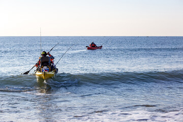 Fototapeta na wymiar kayak fishing competition in the Mediterranean Sea - Marbella. Andalusia