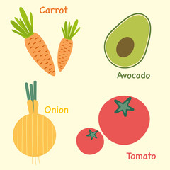 Vegetable set of carrots, avocado, onions and tomatoes vector graphic