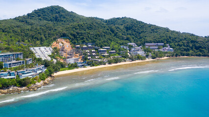 Aerial: Bay of tropical ocean with the beach - Thailand, Phuket, Kamala