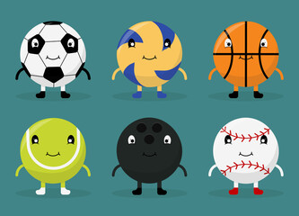 illustration of volleyball, football, basketball, tennis, bowling and baseball