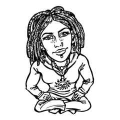 Hippie girl with dreadlocks in sweatshirt with sun sign sitting like Buddha, fashion style, black and white cartoon