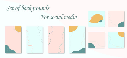 Set of backgrounds for social media posts and stories. Collection abstract vertical, square backgrounds from lines, shapes pastel colors. Copy space for text