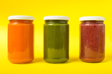 three jars of vegetables puree as baby food