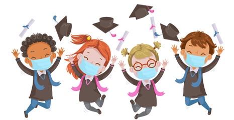 Kids graduate. Kids mask jumping. Graduation Children jumping. Graduate group. Gestures very happy. Cheers! Success. Concept illustration of Diploma graduating little for kid. Successful strong.