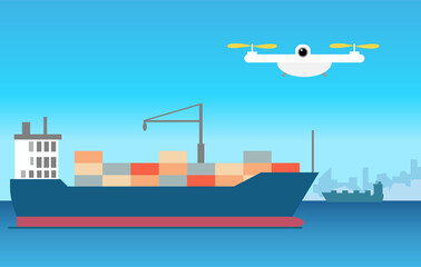 Fototapeta premium 5G technology enables remote controlled drones. Drone use case, conducting port security surveillance and delivering light items, such as documentaion. 
