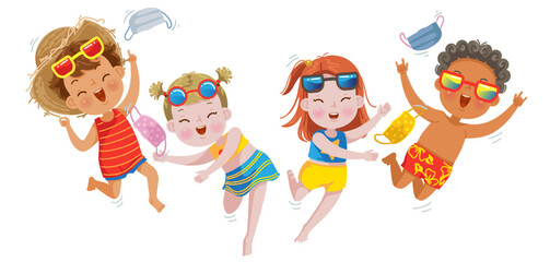 End of covid. kids very happy. Children throw out medical masks. Day of the end. The quarantine and epidemic  illustration concept. Child jumping. Children jump on the beach in summer.