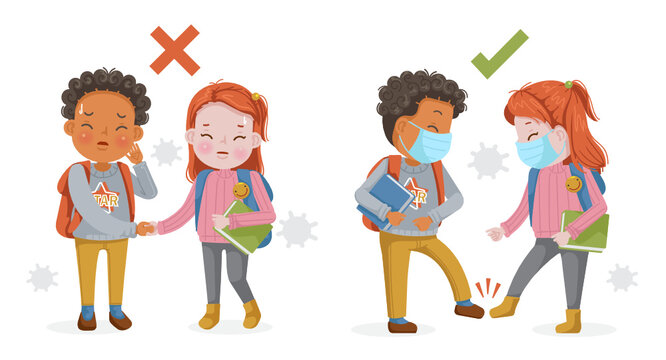 Kids hand shake with friend at school. Girl mask and a boy mask greet each other at school. New normal of greeting to avoid the spread of coronavirus (COVID-19). Kids are bowing. Social distancing.