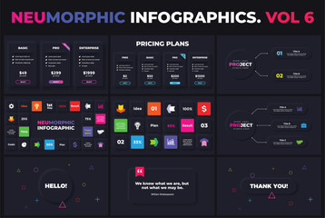 Neumorphic Vector Infographic. Presentation slide template. Pricing plans. Title, quote banners. Data visualisations scheme, structure. 