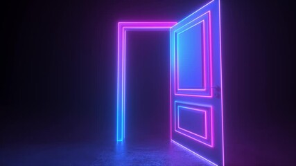 Abstract open door to universe. Lines appear. Cyberpunk neon door background concept. Pink violet neon. Hologram led laser door. Flight forward, entering inside the doorway. 3d animation, 4K