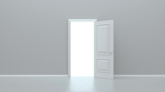 Door in a bright white room opens and fills the space with bright white. Camera move through doorway. Concept of new innovations, future and hope, new beginning or a win. 3D animation 4K