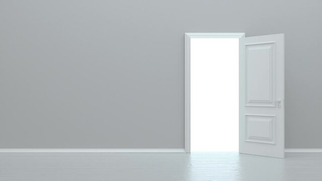 Door in a bright white room opens and fills the space with bright white. Concept of new innovations, future and hope, new beginning or a win. 3D animation 4K