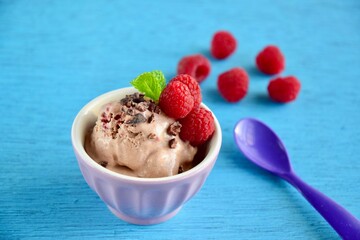 Chocolate raspberry ice cream with mint leaf