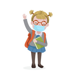 Little girl uniform mask. The child waved his hand.