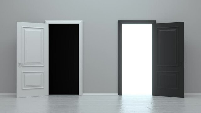 Open white and black entrance realistic door isolated on white background. Choice, business and success concept. 3d animation, 4K