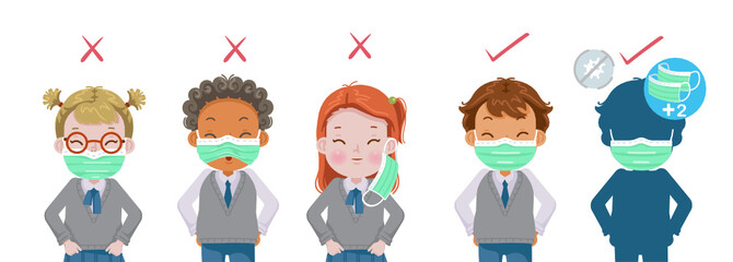 COVID-19 vaccine concept. Children uniform mask.  Education risks of the virus. Girl mask and a boy mask are holding a knight's sh vaccines and syringes. Fight prevent covid. 