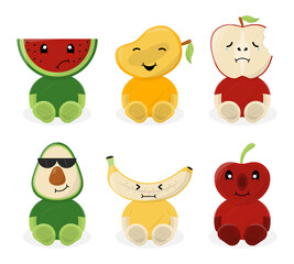 illustration of fruit characters such as apples, bananas, avocado, watermelon, mango and cherries