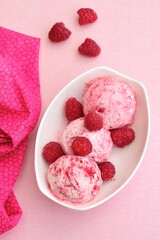 Scoops of raspberry ice cream in a bowl. Summer dessert