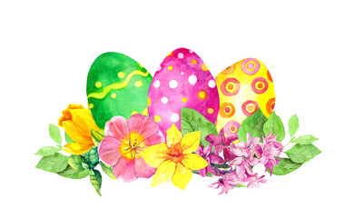 Decorated colored eggs with spring flowers narcissus, hyacinth . Watercolor for Easter