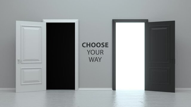 Two doors opening for choosing the way to follow. Choose your way. The doors open to reveal dark room and a bright one filled with light. Business growth, progress, opportunities, choice. 3d animation