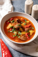 goulash is a traditional Hungarian dish with beef, potatoes, tomatoes and peppers. goulash in white...