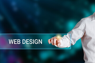 Male hand pressing the word web design on a virtual search display bar. Internet technology web...