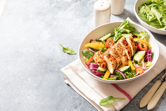 Grilled Chicken fillet with salad. Healthy food, keto diet, diet lunch concept.