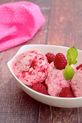 Scoops of raspberry ice cream in a bowl garnish with mint leaves. Summer dessert