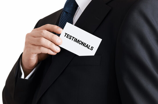 Businessman Takes Out A Business Card With The Word Testimonials Written On It. Business Personal Recommendation