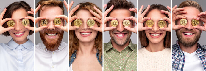 Happy people with golden bitcoin coins